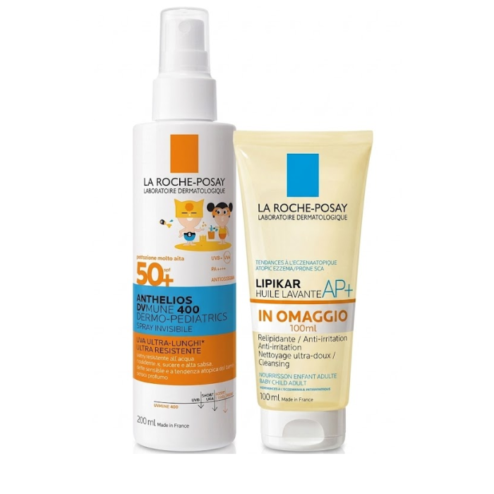 Anthelios spray UVMune bambino SPF50+ 200 ml con Lipikar olio detergente AP+ 100 ml