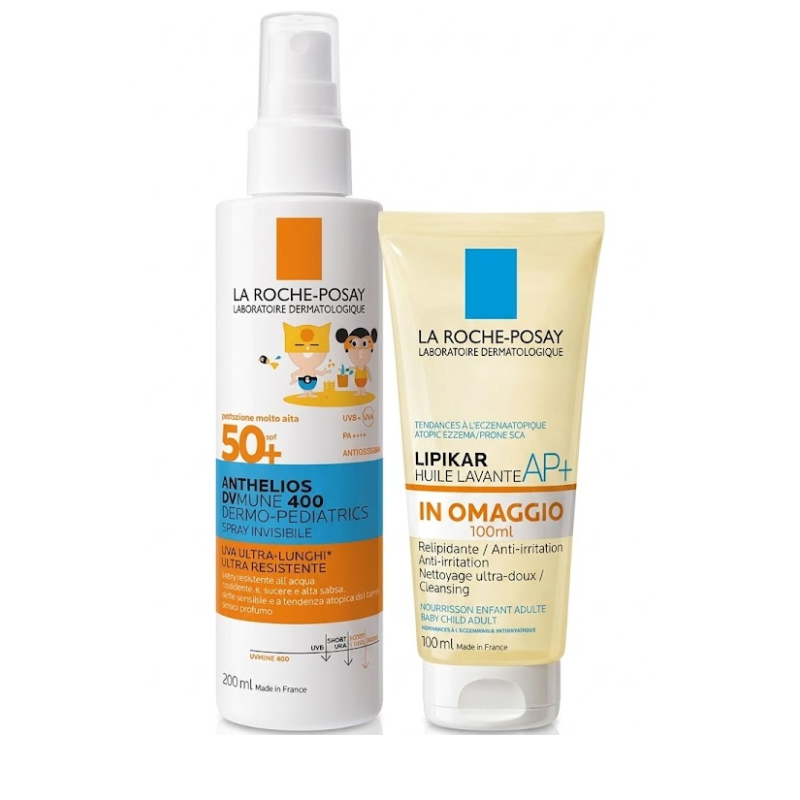 Anthelios spray UVMune bambino SPF50+ 200 ml con Lipikar olio detergente AP+ 100 ml