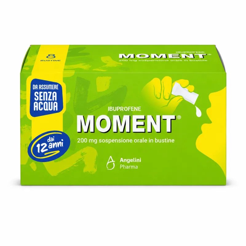 Moment 200mg Ibuprofene Antidolorifico Sospensione Orale in Bustine da Assumere Senza Acqua, 8 Bustine