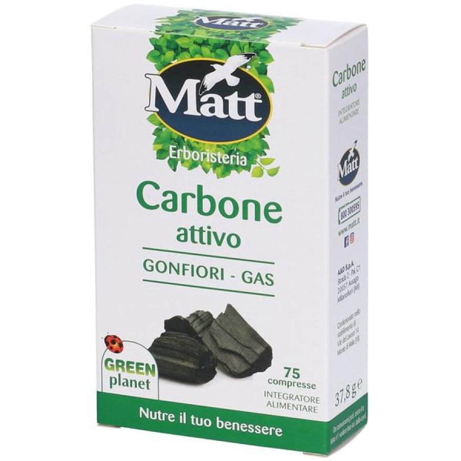 Matt Carbone Attivo Integratore Naturale in Compresse 75 Pezzi contro Gonfiore Addominale e Gas Intestinali Matt Carbone Attivo Integratore Naturale in Compresse 75 Pezzi contro Gonfiore Addominale e Gas Intestinali