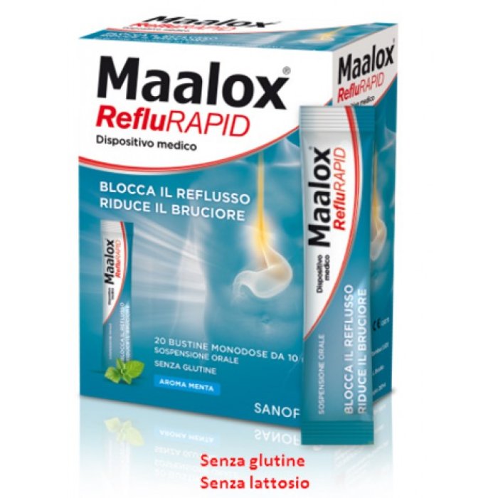 Maalox RefluRAPID Senza Glutine Senza Lattosio 20 Bustine Monodose Da 10ml Maalox RefluRAPID Senza Glutine Senza Lattosio 20 Bustine Monodose Da 10ml