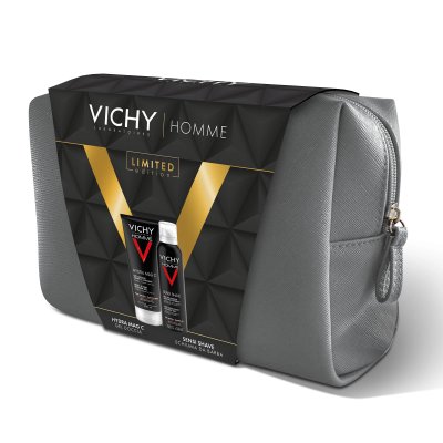 Vichy Cofanetto Regalo Uomo con Pochette + Gel Doccia Hydra Mag C 200ml + Schiuma da Barba Sensi Shave 200ml