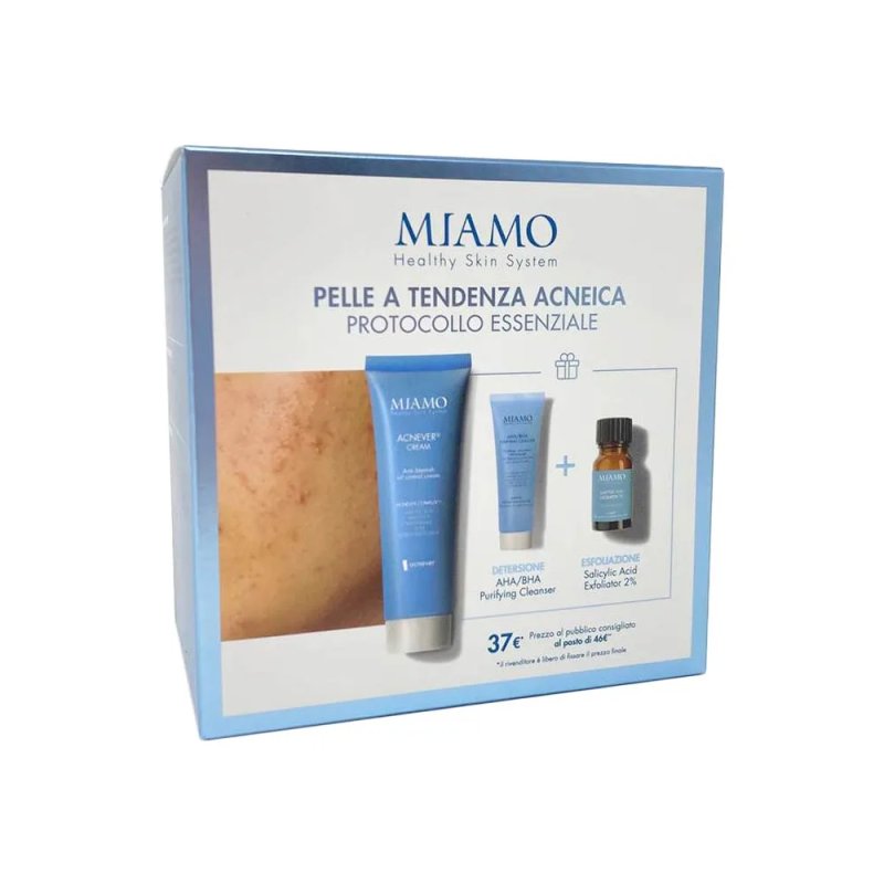 Miamo Protocollo Essenziale Pelle Acneica Acnever Cream 50ml + AHA/BHA Purifying Cleanser 50ml + Salicylic Acid Exfoliator 10ml Miamo Protocollo Essenziale Pelle Acneica Acnever Cream 50ml + AHA/BHA Purifying Cleanser 50ml + Salicylic Acid Exfoliator 10ml