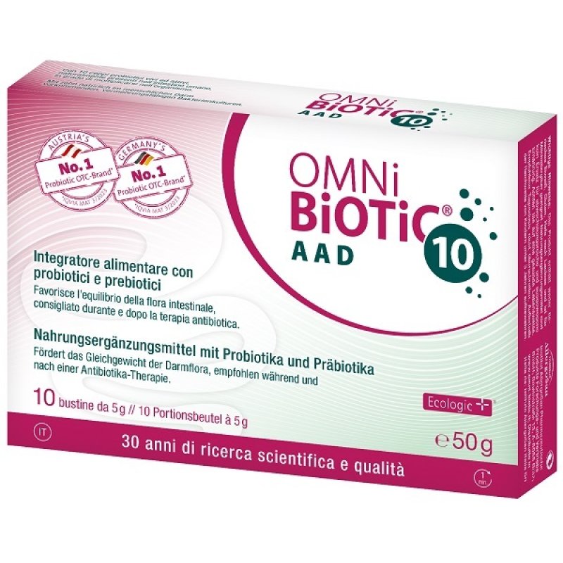 Omni Biotic 10 AAD Integratore Probiotico 10 Bustine per Equilibrio della Flora Intestinale e Diarrea Associata ad Antibiotici
