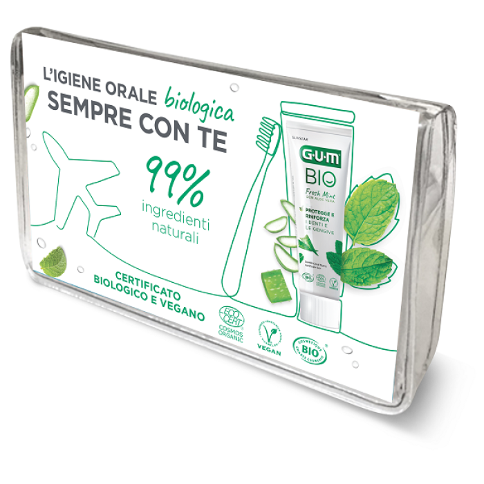 GUM Travel Kit Bio – Kit da viaggio per igiene orale con spazzolino e dentifricio naturali