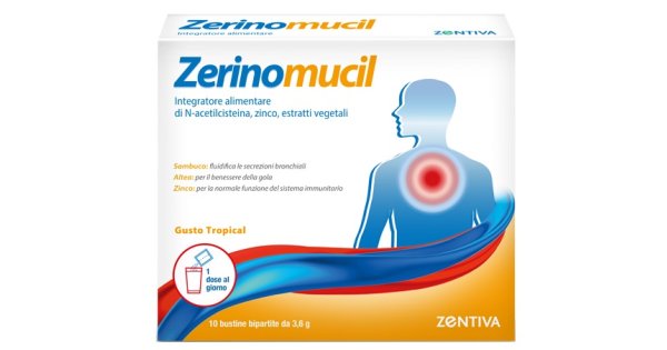 Zentiva Zerinomucil 10 Bustine - Integratore Alimentare Gusto Tropical per la tosse grassa. Contiene N-Acetilcisteina, Zinco, Sambuco e Altea (1)