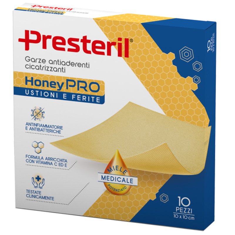 Presteril Honey garze sterili con miele medicale 10 x 10 centimetri confezione da dieci per ferite ustioni e piaghe da decubito