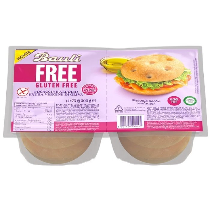 Bauli free focaccine olio extra vergine oliva 4 pezzi da 75 g Bauli free focaccine olio extra vergine oliva 4 pezzi da 75 g
