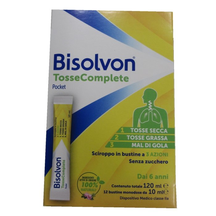Bisolvon tosse complete pocket per tosse secca grassa e mal di gola 12 bustine da 10 ml Bisolvon tosse complete pocket per tosse secca grassa e mal di gola 12 bustine da 10 ml