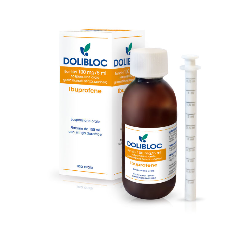 Dolibloc Bambini Sospensione Orale 100mg/5ml Ibuprofene senza zuccheri gusto arancia 150ml Dolibloc Bambini Sospensione Orale 100mg/5ml Ibuprofene senza zuccheri gusto arancia 150ml