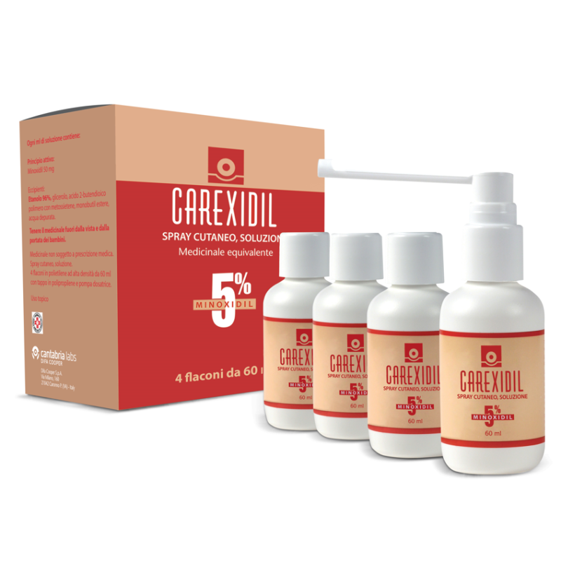 Carexidil 5% spray cutaneo, soluzione minoxidil medicinale equivalente 4x60ml