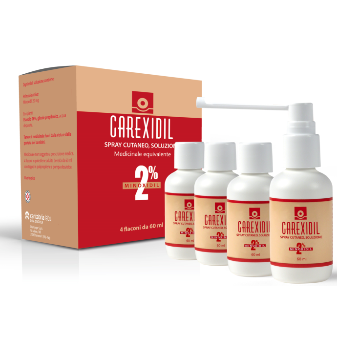 Carexidil 2% Spray Cutaneo - Soluzione 4x60 ml per il Trattamento della Calvizie