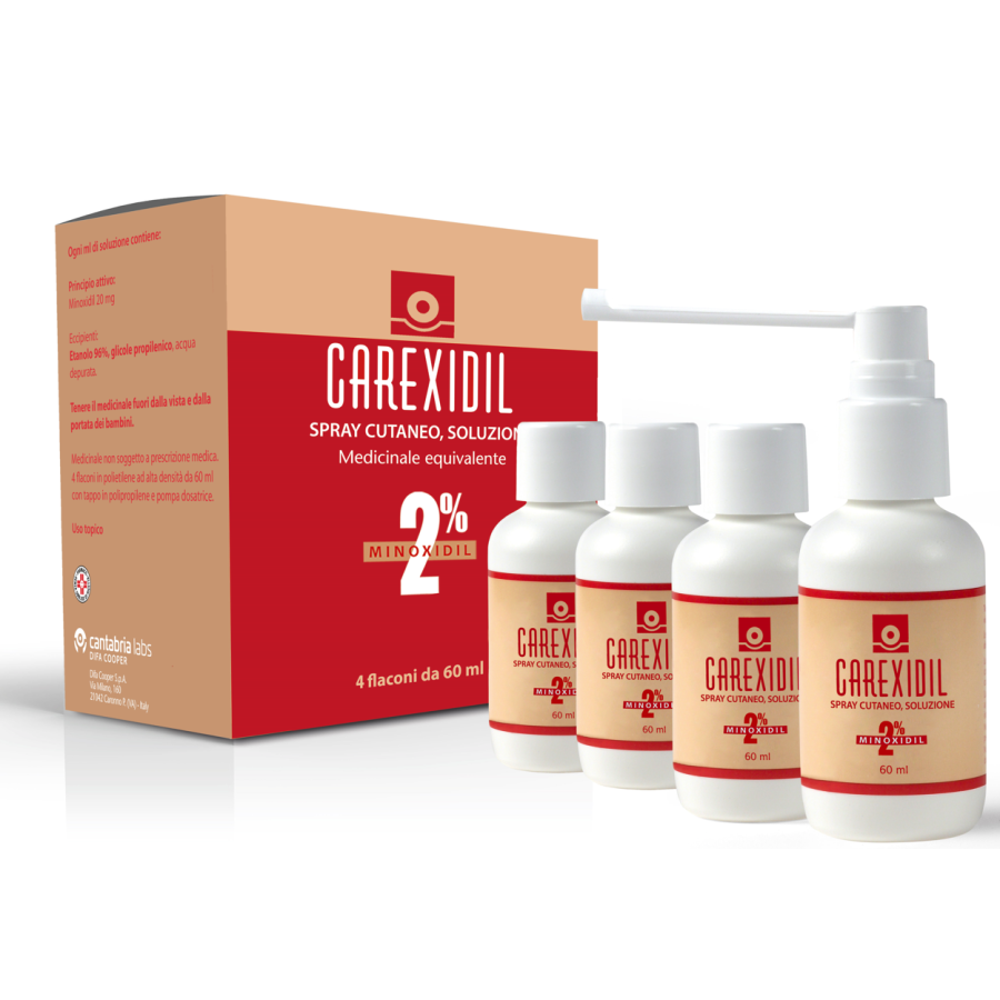 Carexidil 2% Spray Cutaneo - Soluzione 4x60 ml per il Trattamento della Calvizie Carexidil 2% Spray Cutaneo - Soluzione 4x60 ml per il Trattamento della Calvizie