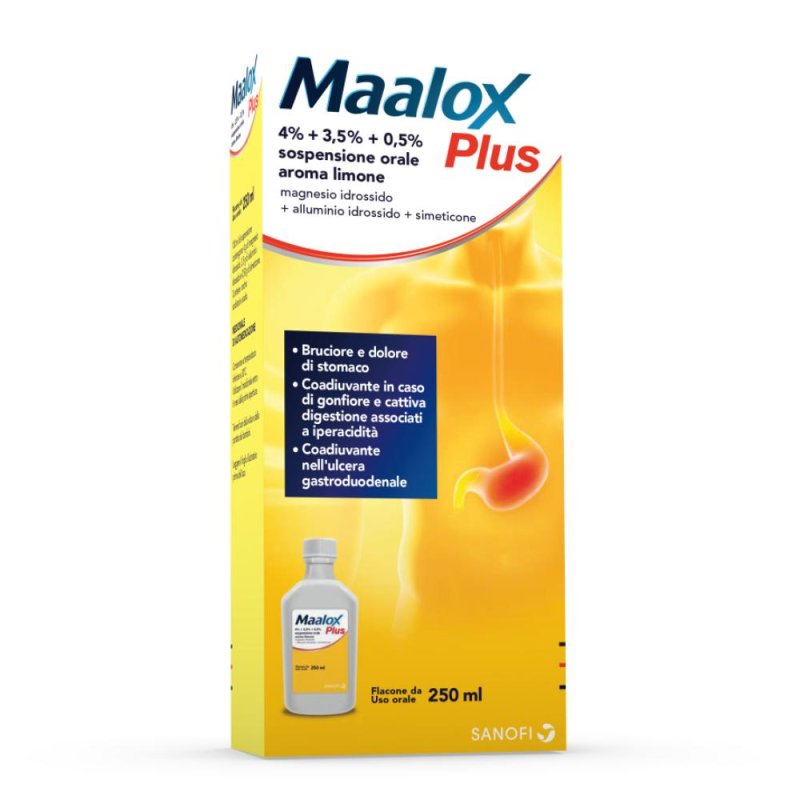 Maalox Plus 4% + 3,5% + 0,5% Sospensione Orale Aroma limone Flacone In Pet Da 250 Ml Maalox Plus 4% + 3,5% + 0,5% Sospensione Orale Aroma limone Flacone In Pet Da 250 Ml