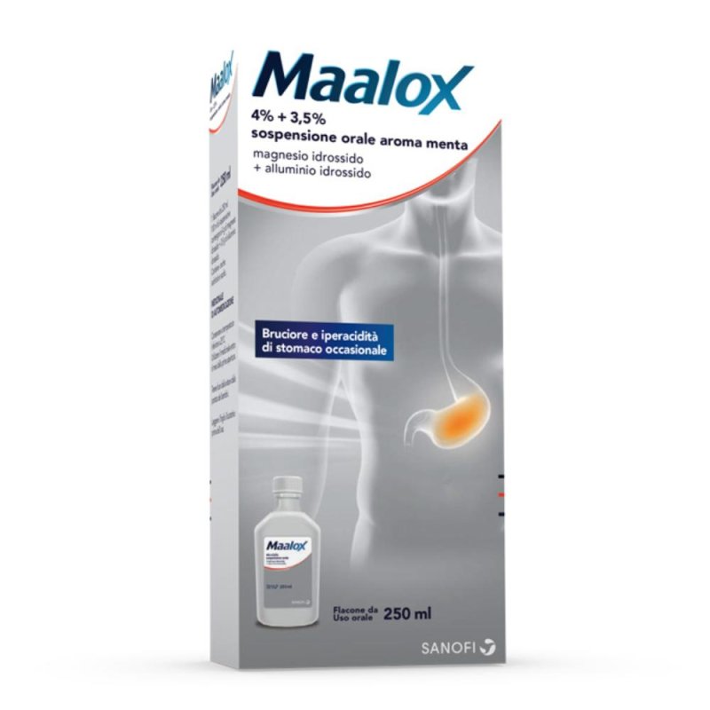 Maalox Sospensione Orale 4+3,5% 250 ml trattamento del bruciore e dell&rsquo;iperacidit&agrave; dello stomaco