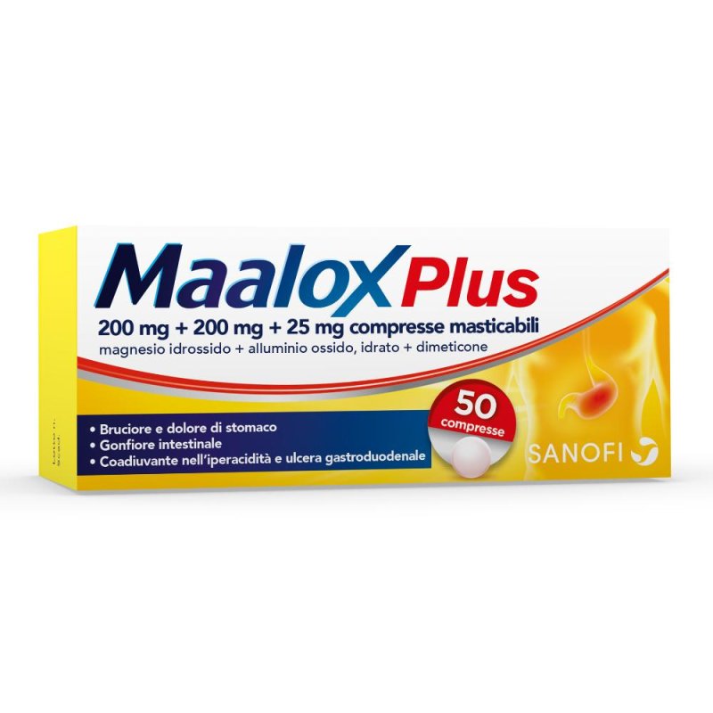 Maalox Plus 200 Mg + 200 Mg + 25 Mg Compresse Masticabili 50 Compresse Maalox Plus 200 Mg + 200 Mg + 25 Mg Compresse Masticabili 50 Compresse