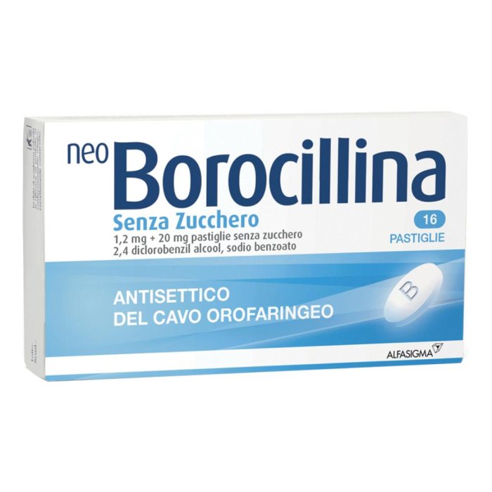 Neoborocillina antisettico orofaringeo senza zucchero 16 pastiglie 1,2 mg + 20 mg Neoborocillina antisettico orofaringeo senza zucchero 16 pastiglie 1,2 mg + 20 mg