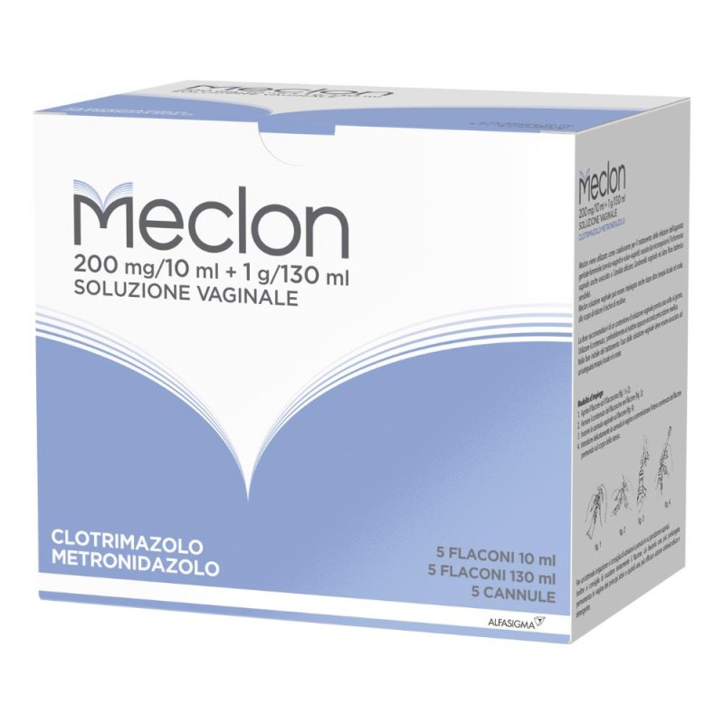 Meclon 200 Mg/10 Ml + 1 G/130 Ml Soluzione Vaginale 5 Flaconi 10 Ml + 5 Flaconi 130 Ml + 5 Cannule Meclon 200 Mg/10 Ml + 1 G/130 Ml Soluzione Vaginale 5 Flaconi 10 Ml + 5 Flaconi 130 Ml + 5 Cannule
