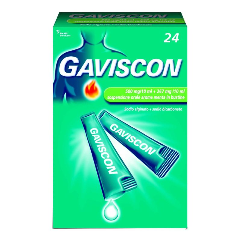 Gaviscon 500 Mg/10 Ml + 267 Mg/10 Ml Sospensione Orale Aroma Menta 24 Bustine Monodose Da 10 Ml Gaviscon 500 Mg/10 Ml + 267 Mg/10 Ml Sospensione Orale Aroma Menta 24 Bustine Monodose Da 10 Ml