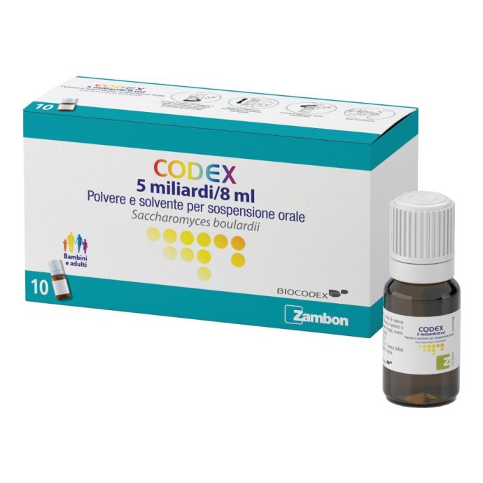 Codex 5 miliardi/8 ml polvere e solvente per sospensione orale saccharomyces boulardii 10 Flaconcini Codex 5 miliardi/8 ml polvere e solvente per sospensione orale saccharomyces boulardii 10 Flaconcini