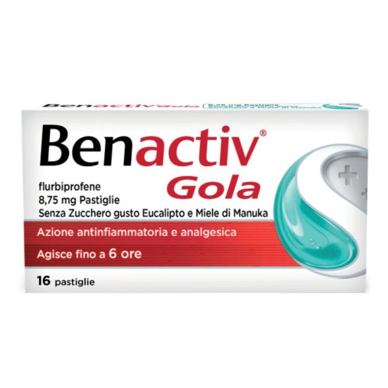 Benactiv Gola 8,75mg Flurbiprofene Pastiglie Senza Zucchero Gusto Eucalipto e Miele Trattamento di Stati Infiammatori del Cavo Orofaringeo 16 Pastiglie