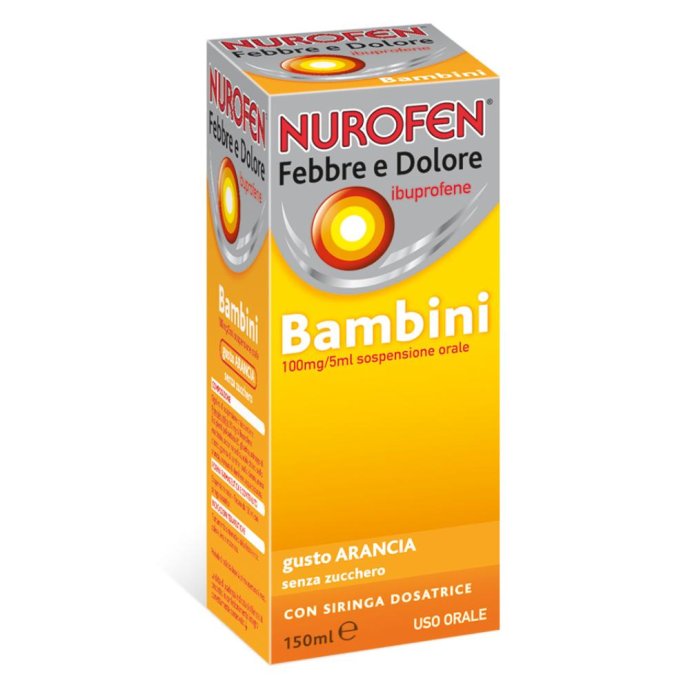 Nurofen Febbre D Bambini 100 Mg/5 Ml Sospensione Orale Gusto Arancia Senza Zucchero Flacone Da 150 Ml Con Siringa Dosatrice Nurofen Febbre D Bambini 100 Mg/5 Ml Sospensione Orale Gusto Arancia Senza Zucchero Flacone Da 150 Ml Con Siringa Dosatrice