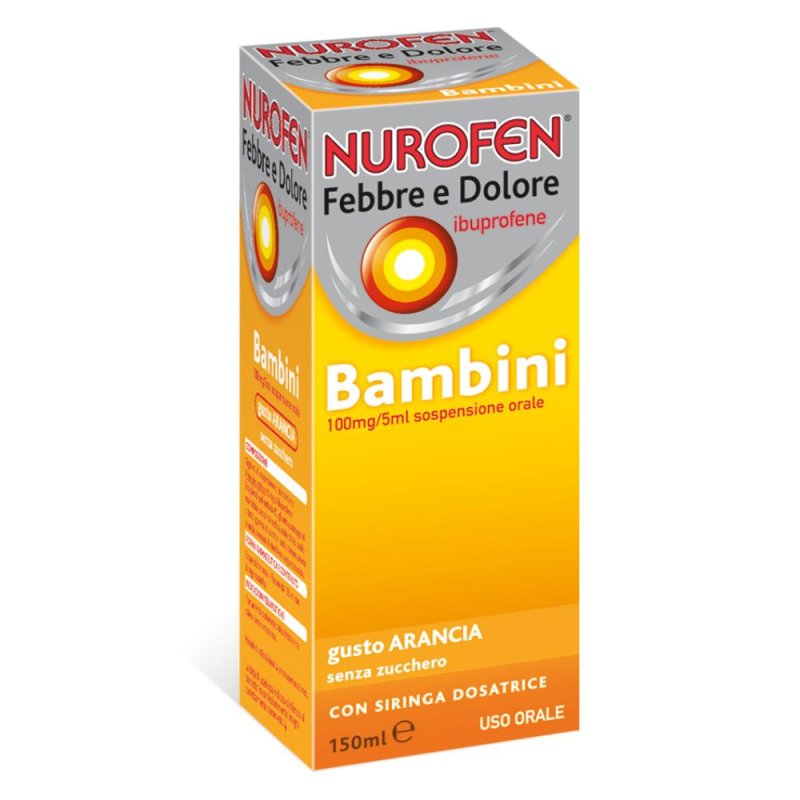 Nurofen Febbre D Bambini 100 Mg/5 Ml Sospensione Orale Gusto Arancia Senza Zucchero Flacone Da 150 Ml Con Siringa Dosatrice Nurofen Febbre D Bambini 100 Mg/5 Ml Sospensione Orale Gusto Arancia Senza Zucchero Flacone Da 150 Ml Con Siringa Dosatrice