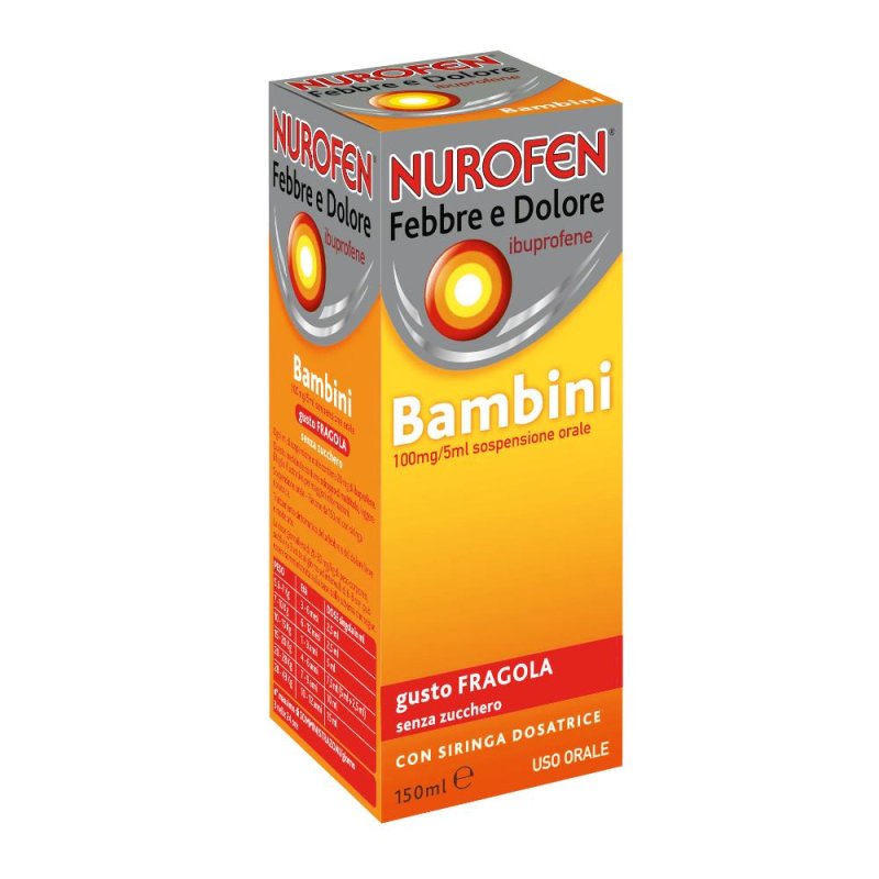 Nurofen Febbre D Bambini 100 Mg/5 Ml Sospensione Orale Gusto Fragola Senza Zucchero Flacone Da 150 Ml Con Siringa Dosatrice Nurofen Febbre D Bambini 100 Mg/5 Ml Sospensione Orale Gusto Fragola Senza Zucchero Flacone Da 150 Ml Con Siringa Dosatrice