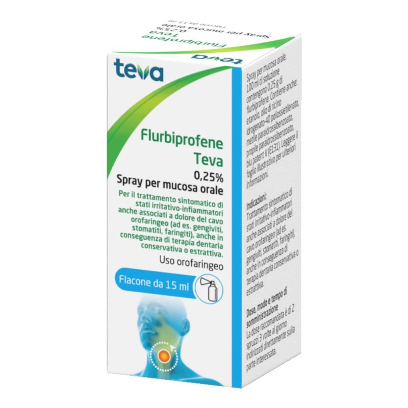 Flurbiprofene Spray Teva 0,25% 15 ml per Mal di Gola e Infiammazione della Gola Flurbiprofene Spray Teva 0,25% 15 ml per Mal di Gola e Infiammazione della Gola