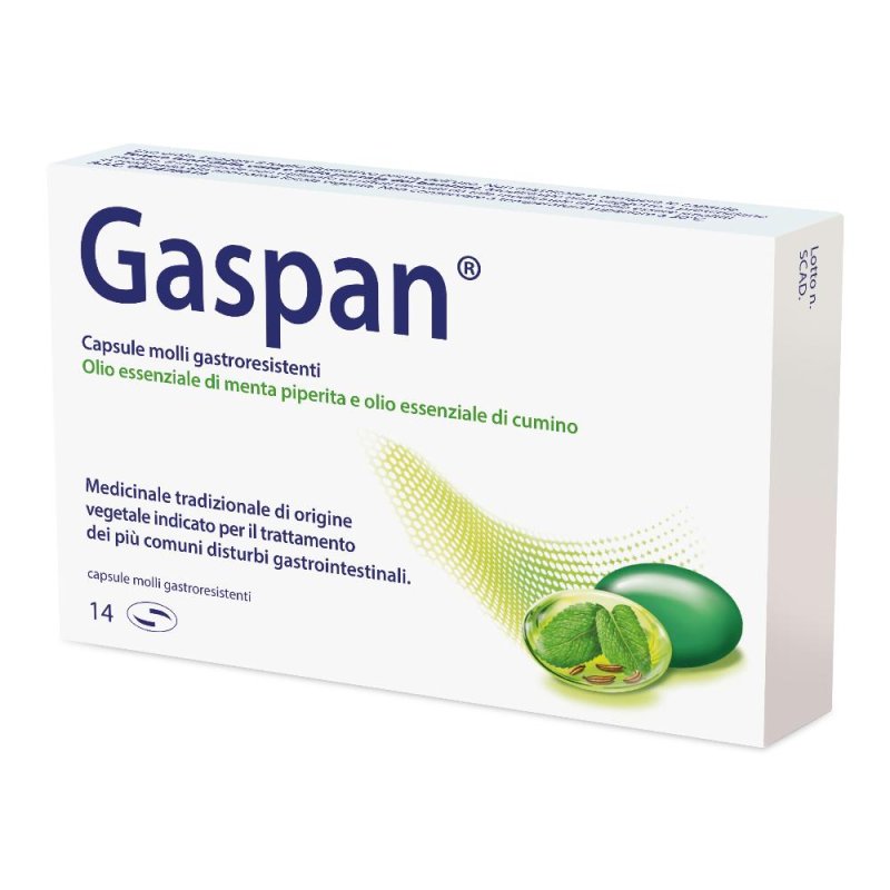 Gaspan Capsule Molli 90 + 50 Milligrammi con Olio Essenziale di Menta per Gonfiore Addominale 14 Capsule Gaspan Capsule Molli 90 + 50 Milligrammi con Olio Essenziale di Menta per Gonfiore Addominale 14 Capsule