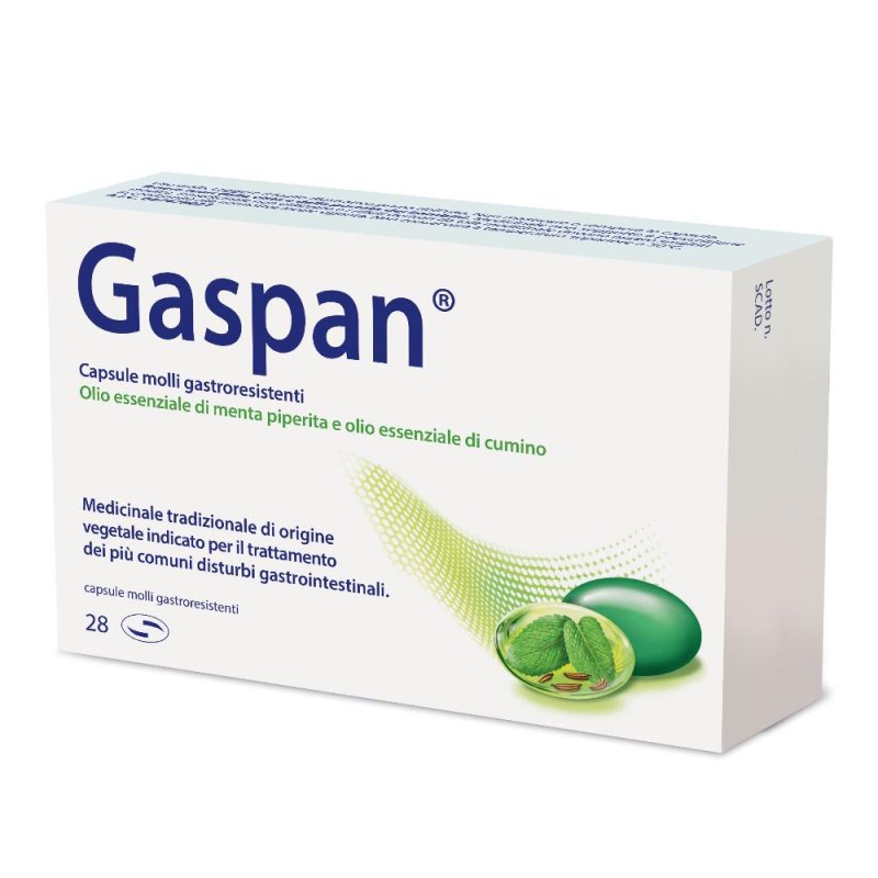 Gaspan 90 mg + 50 mg 28 Capsule con Olio Essenziale di Menta Piperita e Carvi per il Benessere Gastrointestinale Gaspan 90 mg + 50 mg 28 Capsule con Olio Essenziale di Menta Piperita e Carvi per il Benessere Gastrointestinale
