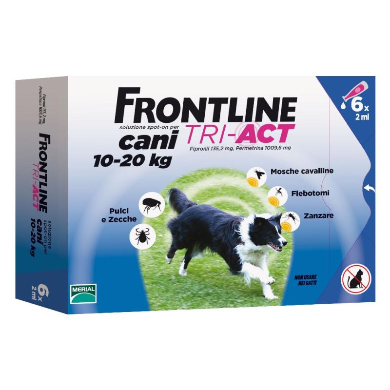 Frontline Tri‑Act Cani (10–20 Kg), 6 Pipette da 2 ml Antiparassitarie due millilitri antiparassitario contro pulci zecche e zanzare Frontline Tri‑Act Cani (10–20 Kg), 6 Pipette da 2 ml Antiparassitarie due millilitri antiparassitario contro pulci zecche e zanzare