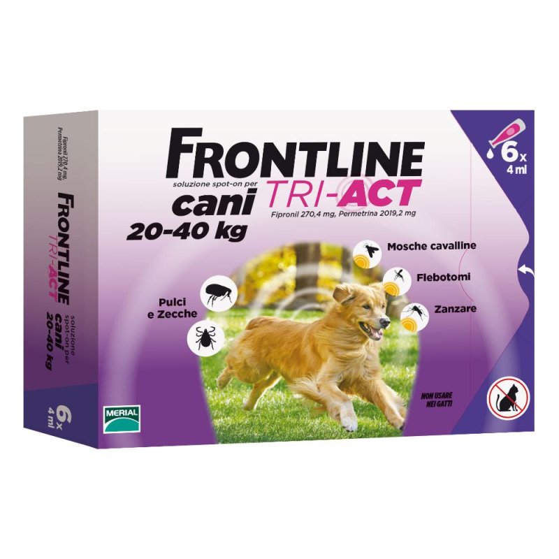 Frontline Tri-Act cani 20-40 kg 6 pipette da 4 ml antiparassitario spot-on per pulci, zecche, pappataci e zanzare Frontline Tri-Act cani 20-40 kg 6 pipette da 4 ml antiparassitario spot-on per pulci, zecche, pappataci e zanzare