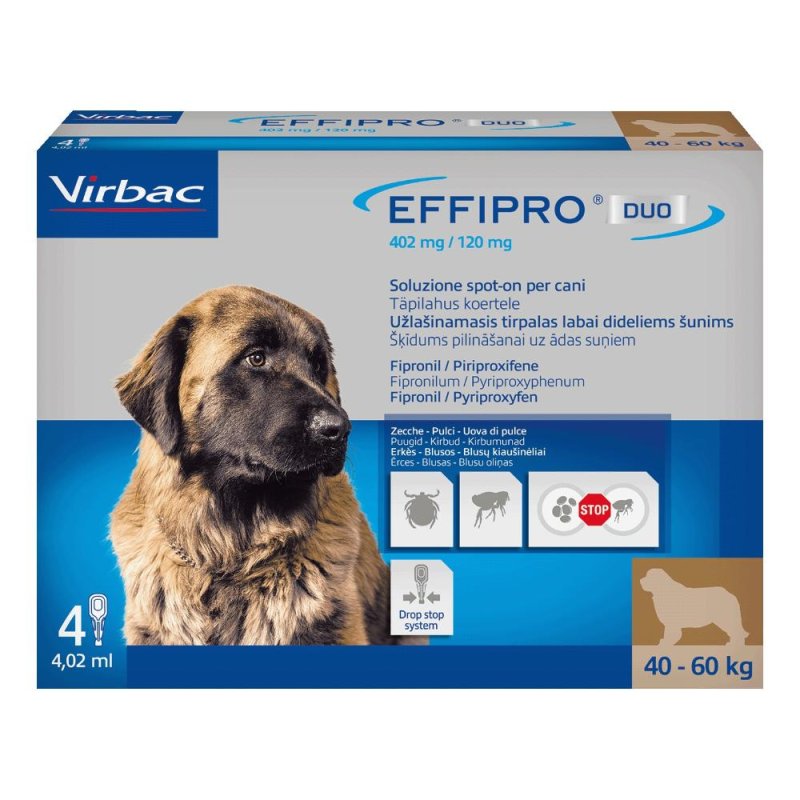 Effipro Duo per Cani Grandi 40-60 Chilogrammi Antiparassitario Spot On 4 Pipette contro Pulci e Zecche Effipro Duo per Cani Grandi 40-60 Chilogrammi Antiparassitario Spot On 4 Pipette contro Pulci e Zecche
