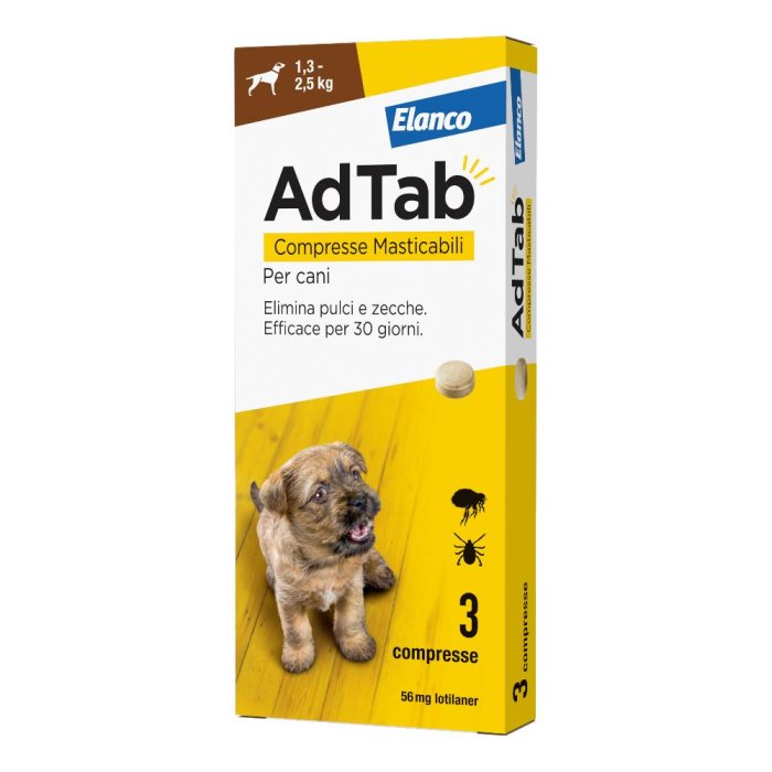 Adtab Per Cani da 1,3 A 2,5kg 3 Compresse Masticabili 56mg Adtab Per Cani da 1,3 A 2,5kg 3 Compresse Masticabili 56mg