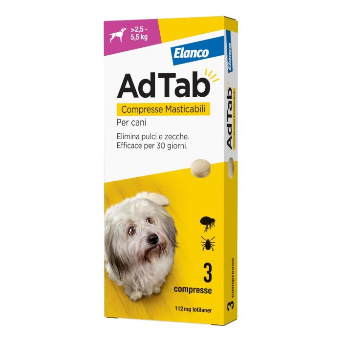Adtab Per Cani Da 2,5 A 5,5kg - 3 Compresse Masticabili 112mg Adtab Per Cani Da 2,5 A 5,5kg - 3 Compresse Masticabili 112mg
