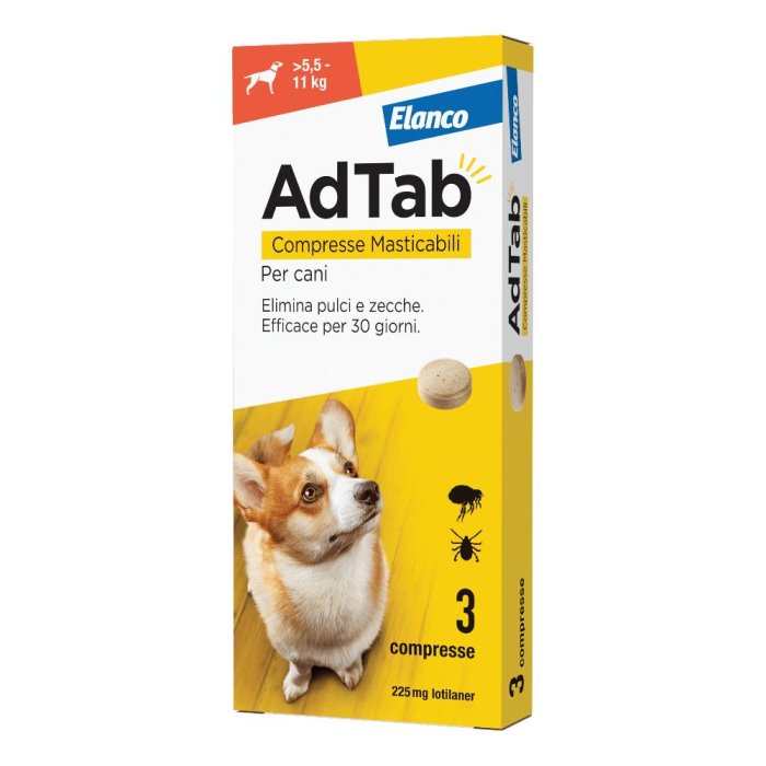 Adtab Per Cani Da 5,5 A 11kg 3 Compresse Masticabili 225mg Adtab Per Cani Da 5,5 A 11kg 3 Compresse Masticabili 225mg