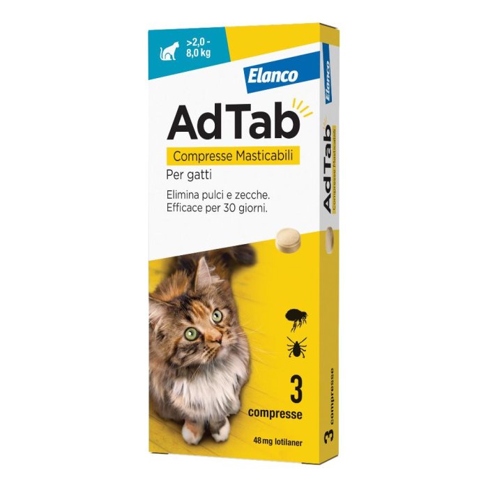 AdTab per Gatti da 2 a 8kg - Trattamento Contro Pulci e Zecche 48 mg 3 compresse AdTab per Gatti da 2 a 8kg - Trattamento Contro Pulci e Zecche 48 mg 3 compresse