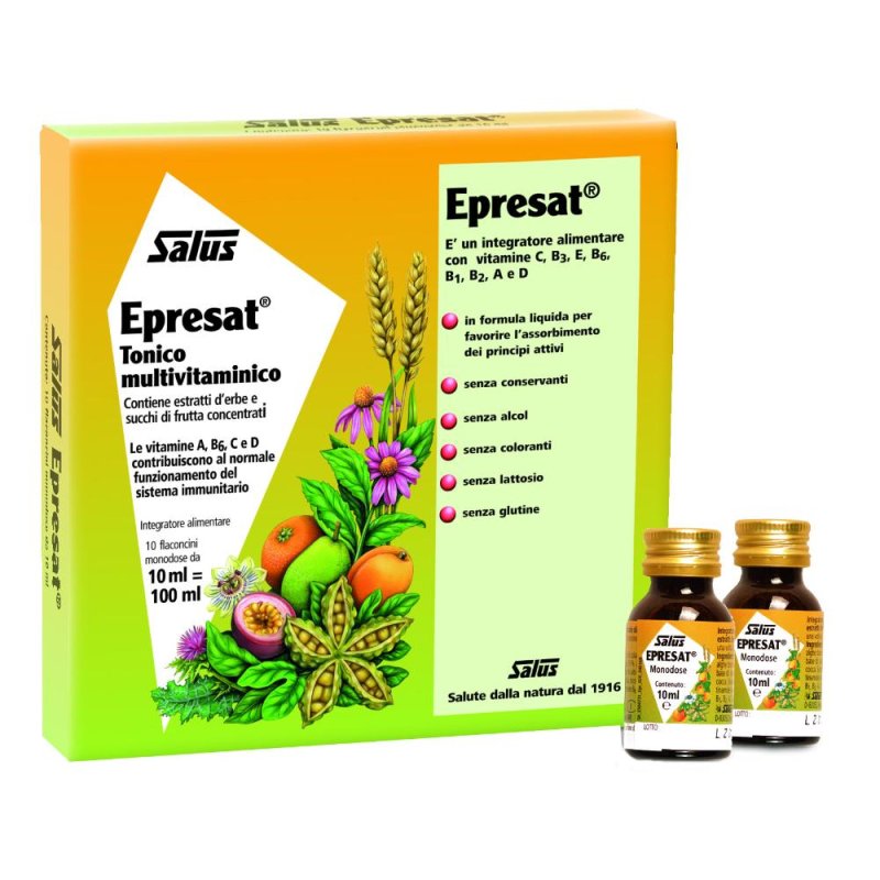 EPRESAT Integratore Multivitaminico Liquido 10 Flaconcini da 10 ml Tonico Ricostituente a Base di Vitamine ed Estratti Vegetali EPRESAT Integratore Multivitaminico Liquido 10 Flaconcini da 10 ml Tonico Ricostituente a Base di Vitamine ed Estratti Vegetali