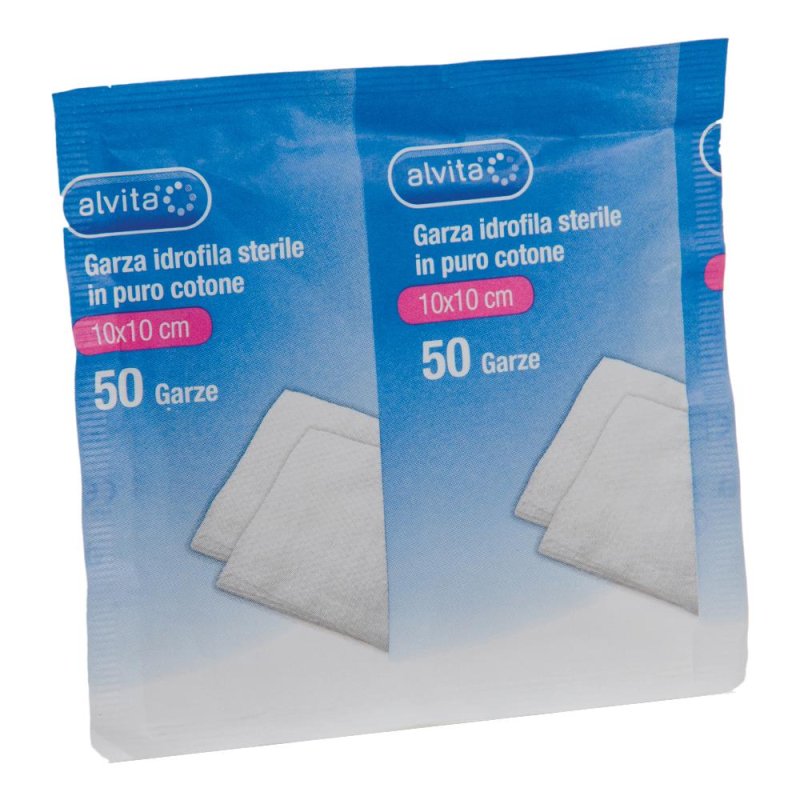 Garza idrofila Alvita sterile in puro cotone 100% per medicazione ferite 10X10 cm 50 pezzi Garza idrofila Alvita sterile in puro cotone 100% per medicazione ferite 10X10 cm 50 pezzi