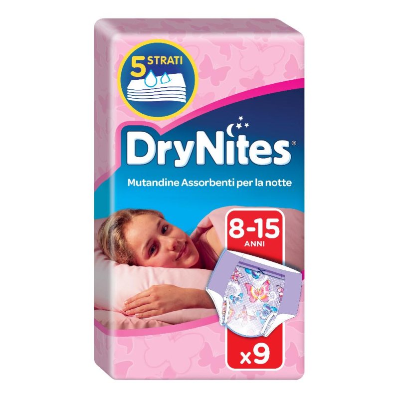 Huggies DryNites mutandine assorbenti notte per bambina 27-57 kg taglia L 8-15 anni confezione da 9 pezzi Huggies DryNites mutandine assorbenti notte per bambina 27-57 kg taglia L 8-15 anni confezione da 9 pezzi