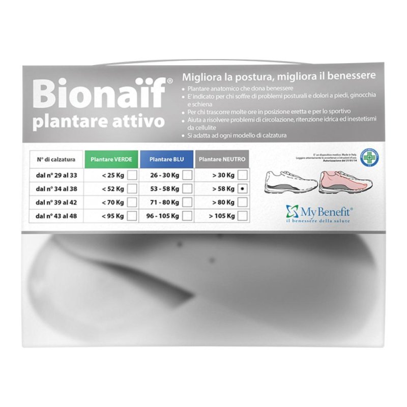 Plantare Bionaif Attivo Neuromodulante per Postura e Dolore ai Piedi, Solette Ortopediche Uomo Donna Taglia 2