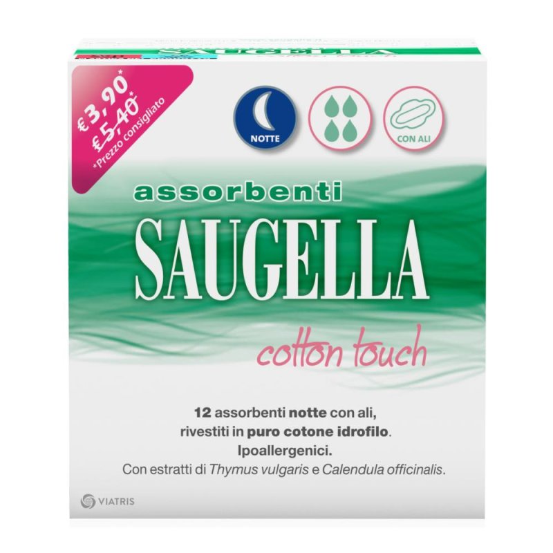 Saugella Cotton Touch assorbenti notte con ali in puro cotone 12 pezzi Saugella Cotton Touch assorbenti notte con ali in puro cotone 12 pezzi