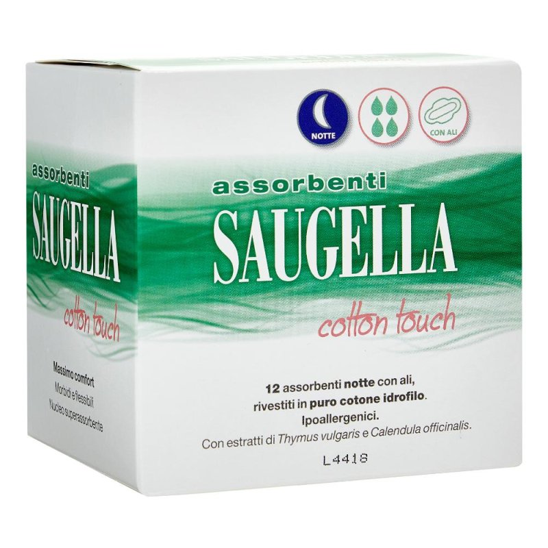 Saugella Cotton Touch 12 Assorbenti Notte con Ali in Puro Cotone Saugella Cotton Touch 12 Assorbenti Notte con Ali in Puro Cotone