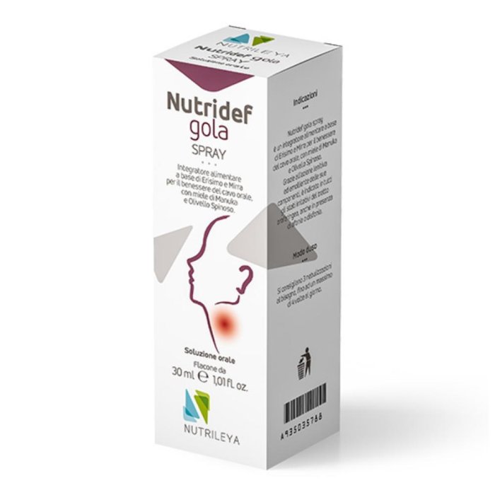 Nutridef Gola Spray 30 ml - integratore con erisimo, mirra e miele di manuka per benessere di gola e voce Nutridef Gola Spray 30 ml - integratore con erisimo, mirra e miele di manuka per benessere di gola e voce