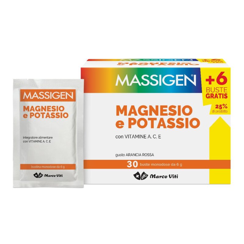 Massigen Magnesio Potassio Integratore Alimentare Bustine 24 + 6 Massigen Magnesio Potassio Integratore Alimentare Bustine 24 + 6
