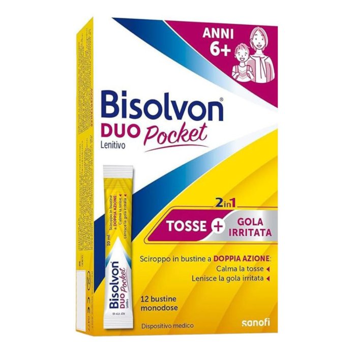 Bisolvon Duo Pocket lenitivo sciroppo 2 in1 per tosse e gola irritata 12 bustine monodose