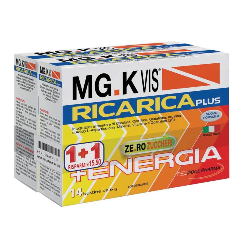 Mg k Vis Ricarica Plus integratore energetico 14 bustine + 14 OMAGGIO Mg k Vis Ricarica Plus integratore energetico 14 bustine + 14 OMAGGIO