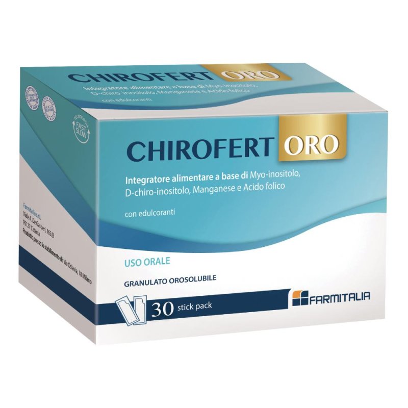 Chirofert Oro 30 stick pack orosolubili integratore con myo-inositolo, D-chiro-inositolo, manganese e acido folico