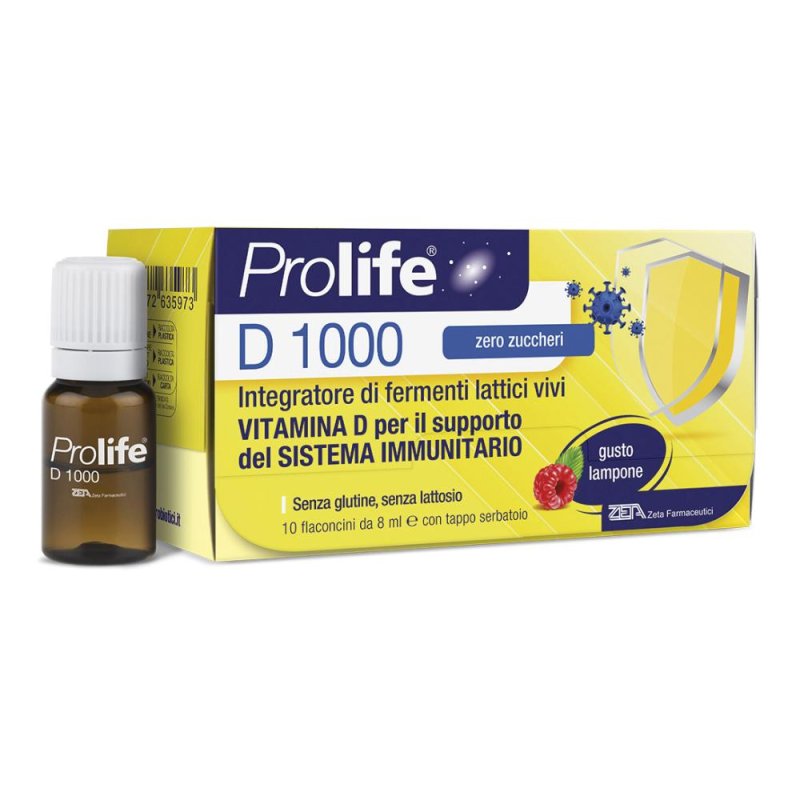 Prolife D 1000 Zero Zuccheri - 10 Flaconcini da 8ml Gusto Lampone - Integratore di Vitamina D3 Prolife D 1000 Zero Zuccheri - 10 Flaconcini da 8ml Gusto Lampone - Integratore di Vitamina D3